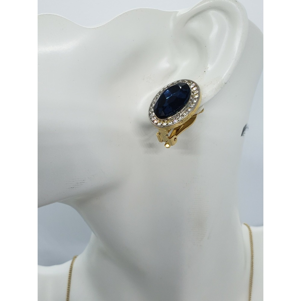 Gold Tone Oval Rhinestones Blue Cut Glass Stone Clip On Fashion Earrings